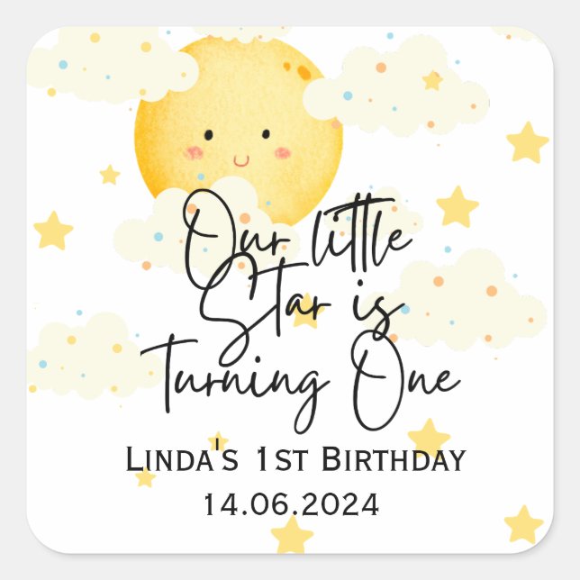 Adesivo Quadrado Lua e Estrelas primeiro aniversario Obrigado (Frente)