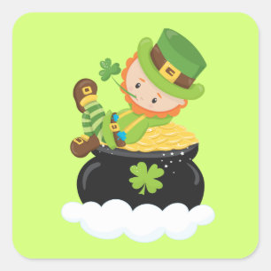 Adesivo Quadrado Lucky Leprechaun em um pote de ouro