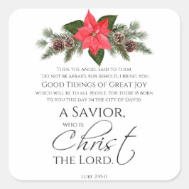 Adesivo Quadrado Luke 2:10-11 Escritura de Natal de Poinsettia