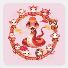 Adesivo Quadrado Lunar Chinês, Ano Novo Cobra Design 2