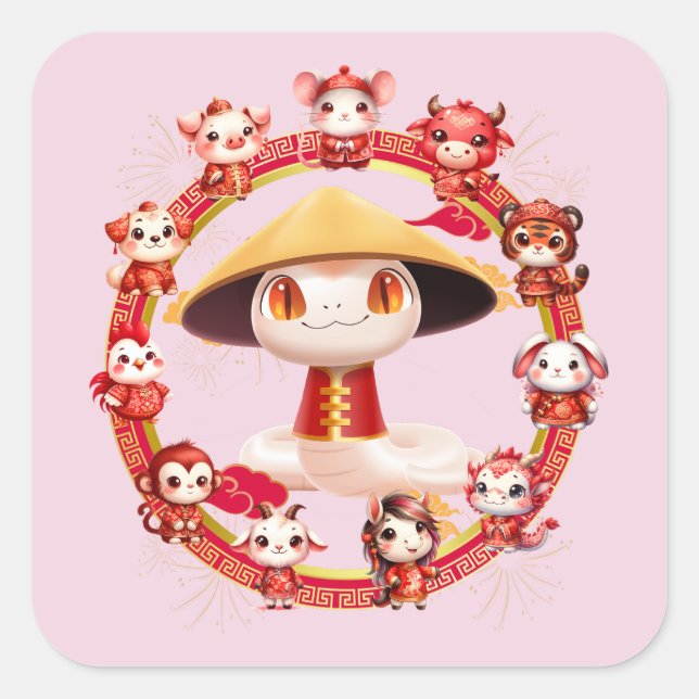 Adesivo Quadrado Lunar Chinês - Ano Novo Cobra Design 3 (Frente)