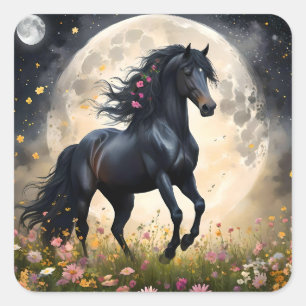 Adesivo Quadrado Lunar Elegância: Cavalo de Fantasia Negra com Lua