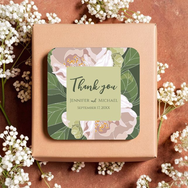 Adesivo Quadrado Lush Flower e Greenery Elegante (Lush Flower and Greenery Elegant Square Sticker)