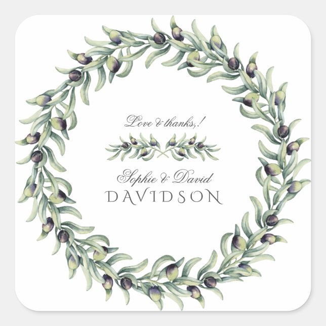Adesivo Quadrado Lush Watercolor Olive Branch Wreath Casamento (Frente)