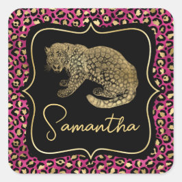 Adesivo Quadrado Luxo Estampa de Leopardo Rosa Dourado Monograma An