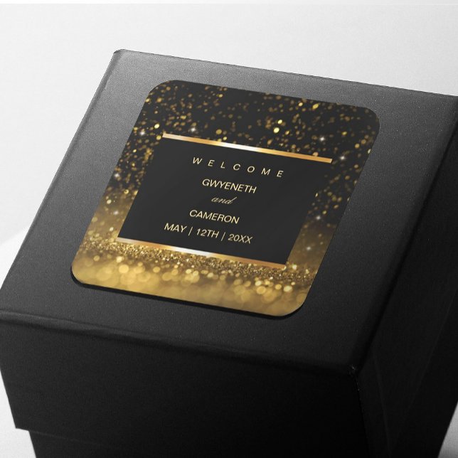 Adesivo Quadrado Luxo Moderno Dourado Com Brilhos Pretos (#zazzlemade #goldensticker #weddingsticker #luxurylabel #hairstylelabel #makeupartistlabel #holiday)
