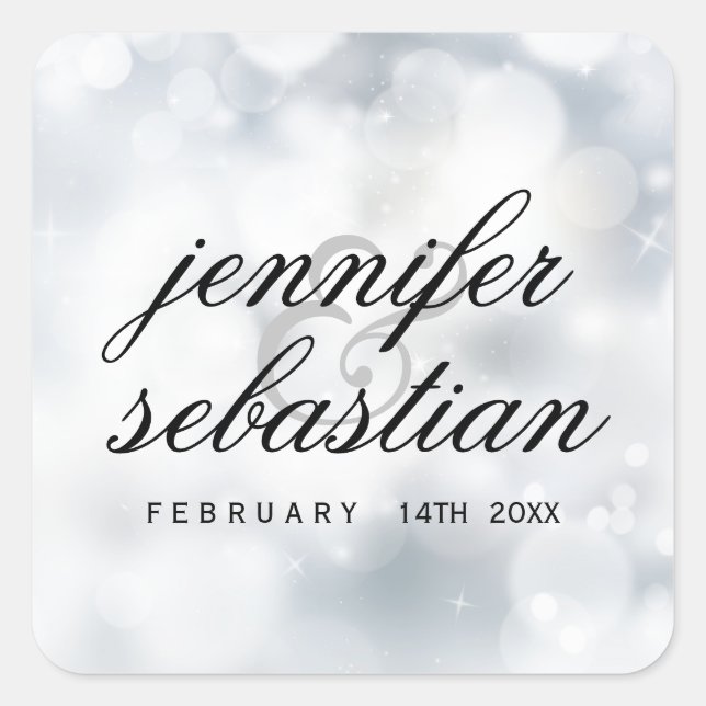 Adesivo Quadrado Luxo Silver Glitter Luzes Monograma de Casamento (Frente)