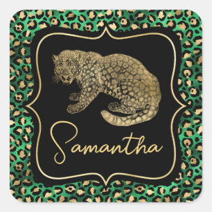 Adesivo Quadrado Luxo Verde Estampa de Leopardo Dourado Monograma A