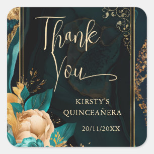 Adesivo Quadrado Luxuoso Agate Floral Teal e Dourado Quinceanera