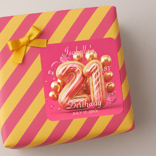 Adesivo Quadrado Luxuoso Chic Dourado e Rosa Aniversário de 21 Anos