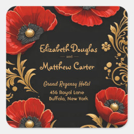 Adesivo Quadrado Luxury Black Red and Gold Floral Wedding 