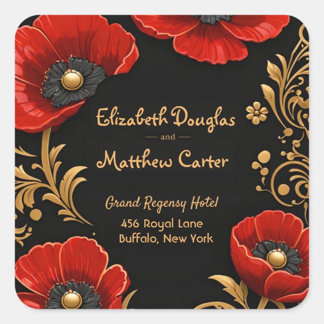 Adesivo Quadrado Luxury Black Red and Gold Floral Wedding  (Frente)