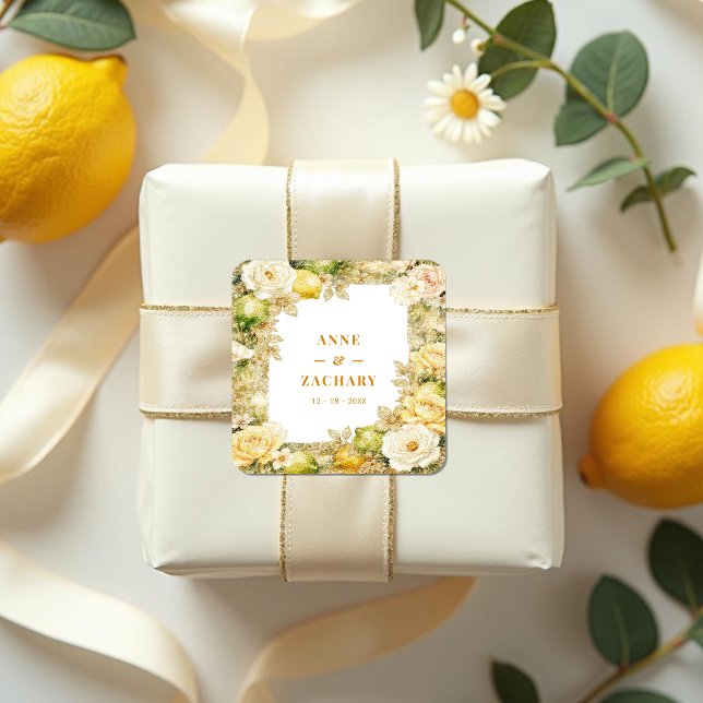 Adesivo Quadrado Luxury Delicate Mediterranean Lemons & Flowers (Luxury Delicate Mediterranean Lemons & Flowers Frame Wedding Square Stickers with Digital Glitter.)