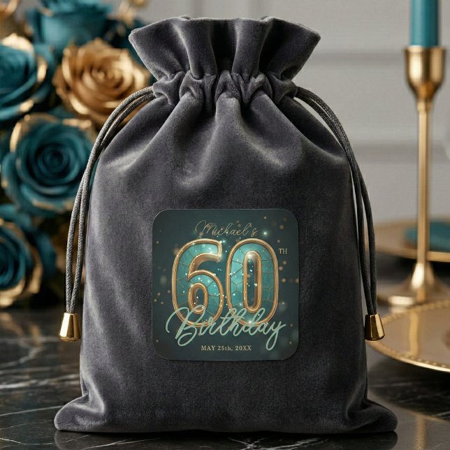 Adesivo Quadrado Luxury Glam Teal and Gold 60th Birthday Party (Criador carregado)