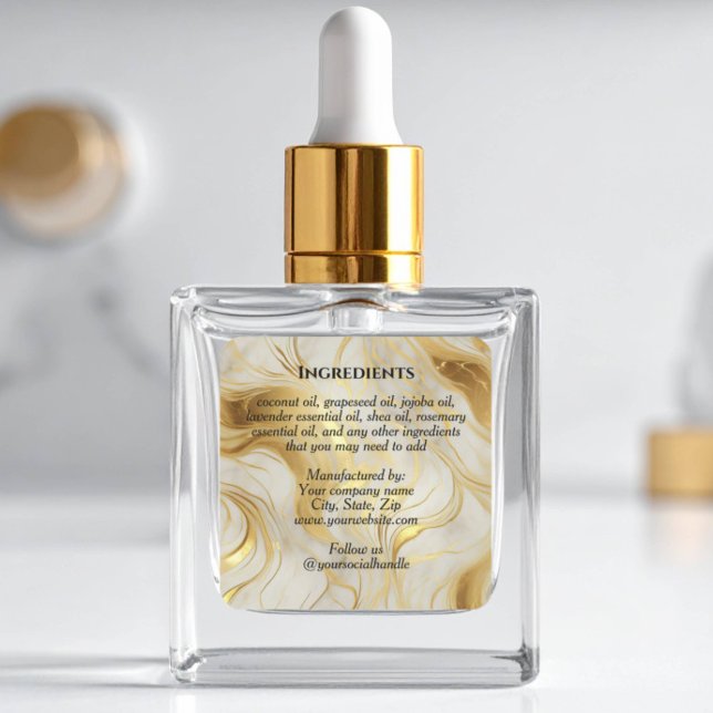 Adesivo Quadrado Luxury Ivory Marble & Gold Foil Ingredients Label (Criador carregado)