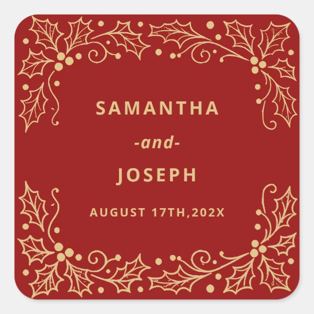 Adesivo Quadrado Luxury Red & Antique-Gold Wedding Candle Label (Frente)