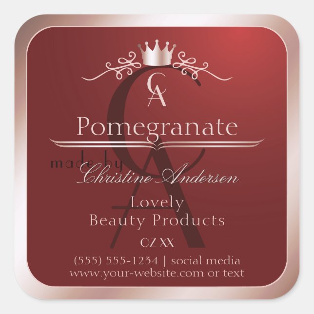 Adesivo Quadrado Luxury Red Product Label Rose Gold Frame Monogram (Frente)