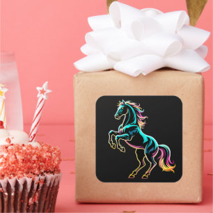 Adesivo Quadrado Luz Neon de Cavalo Glitch Estilo Retro