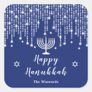 Adesivo Quadrado Luzes de Corda Azuis e Prateadas Feliz Hanukkah