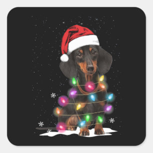 Adesivo Quadrado Luzes De Natal Dachshund Com Neve