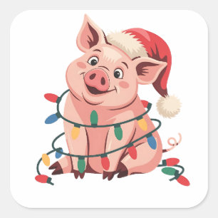 Adesivo Quadrado Luzes de Natal Porco Vestindo Chapéu Natal - Pig L