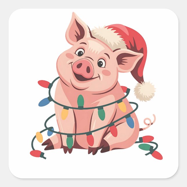 Adesivo Quadrado Luzes de Natal Porco Vestindo Chapéu Natal - Pig L (Frente)
