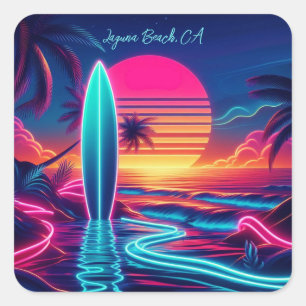 Adesivo Quadrado Luzes de Neon do Surfboard Sunset