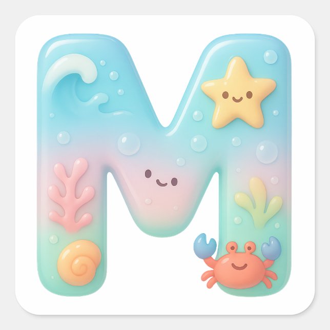 Adesivo Quadrado "M" Cute Letter - Underwater Sea Creature (Frente)