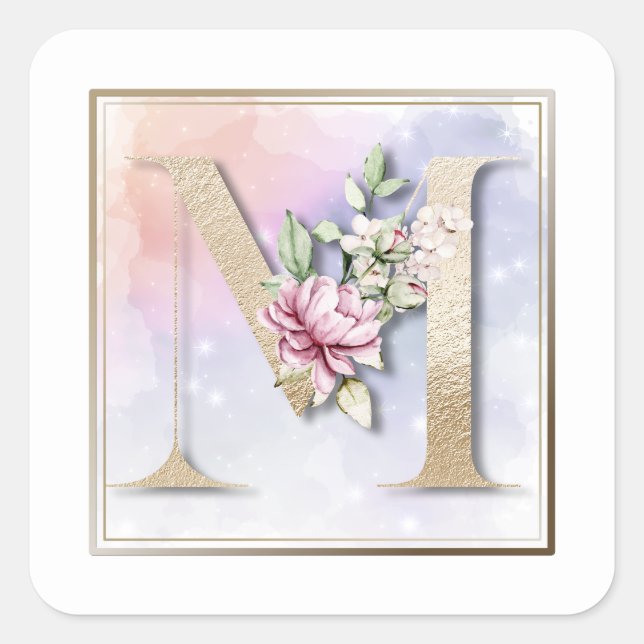 Adesivo Quadrado M Monograma Burgundy Floral Square Sticker (Frente)