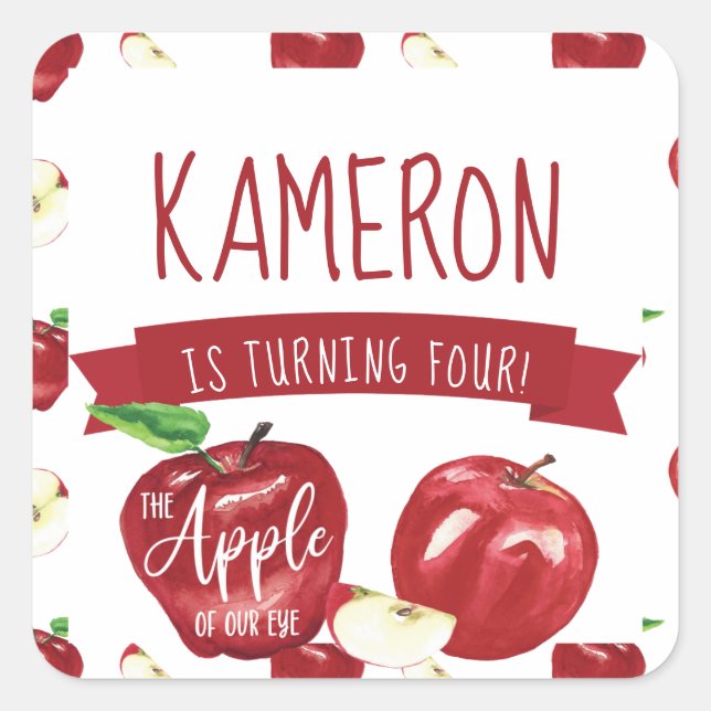 Adesivo Quadrado Maçã do nosso olho, Festa de aniversário qualquer  (Frente)
