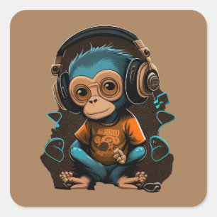 Adesivo Quadrado Macaco Bonito Ouvindo Música, Música Macaco Imerso