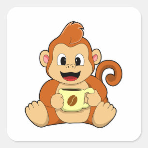 Adesivo Quadrado Macaco com Taça de Café