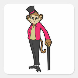 Adesivo Quadrado Macaco como cavalheiro com palito de chapéu e pass
