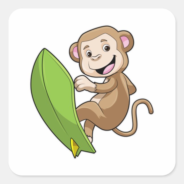 Adesivo Quadrado Macaco como surfista com surfboard (Frente)