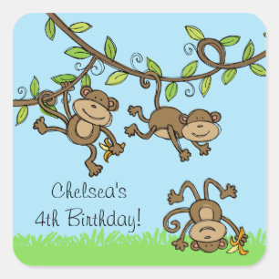 Adesivo Quadrado Macaco de Animais de Zoo Personalizados em Torno d