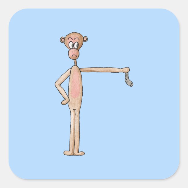 Adesivo Quadrado Macaco de Cartoon com meia melosa. (Frente)