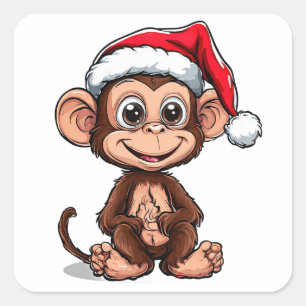 Adesivo Quadrado Macaco de desenho animado fofo vestindo um chapéu