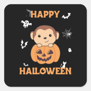 Adesivo Quadrado Macaco Em Macacos-Pumpkin Feliz Dia das Bruxas