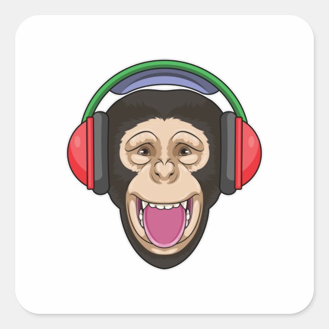 Adesivo Quadrado Macaco em Música com Fone de Ouvido (Frente)