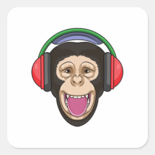 Adesivo Quadrado Macaco em Música com Fone de Ouvido