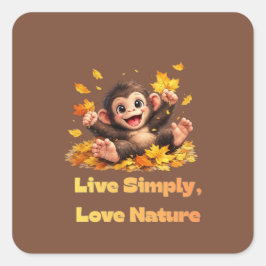 Adesivo Quadrado Macaco Fofo Feliz Brincando em Folhas de Outono Ca