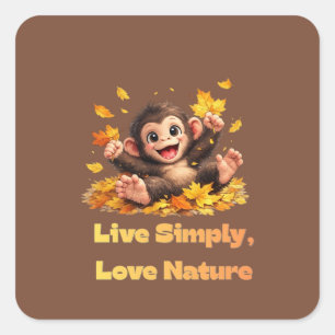 Adesivo Quadrado Macaco Fofo Feliz Brincando em Folhas de Outono Ca