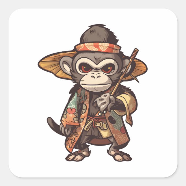 Adesivo Quadrado Macaco-Grito Samurai Macaco Adorável, Apanhador De (Frente)