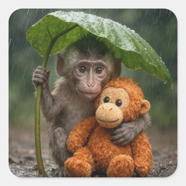 Adesivo Quadrado Macaque Monkey with Orange Orangutan (Frente)