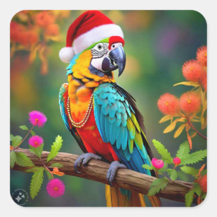 Adesivo Quadrado Macaw de Natal Vestindo um Chapéu Santa- 56485