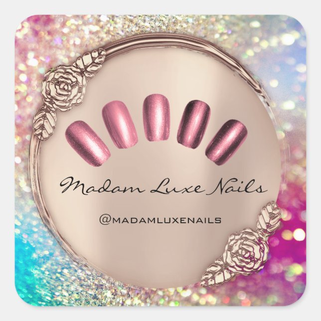 Adesivo Quadrado Madame Luxe Nail Glitter Rosa Dourado Elegante Flo (Frente)