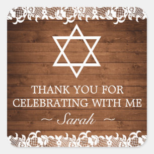 Adesivo Quadrado Madeira russa e Bar de rendas brancas Bat Mitzvah 