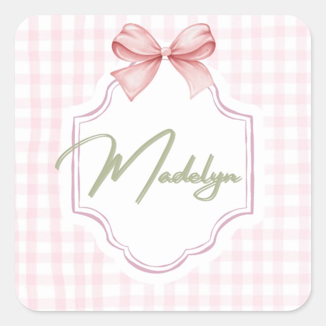 Adesivo Quadrado Madeline Baby Nursery BowGingham Personalizado (Frente)
