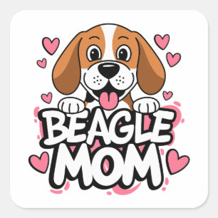 Adesivo Quadrado Mãe de Beagle Fofa Amante de Cachorro Corações Ros