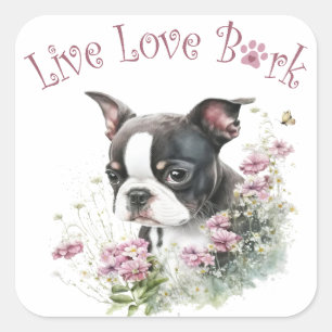 Adesivo Quadrado Mãe de Boston Terrier Floral